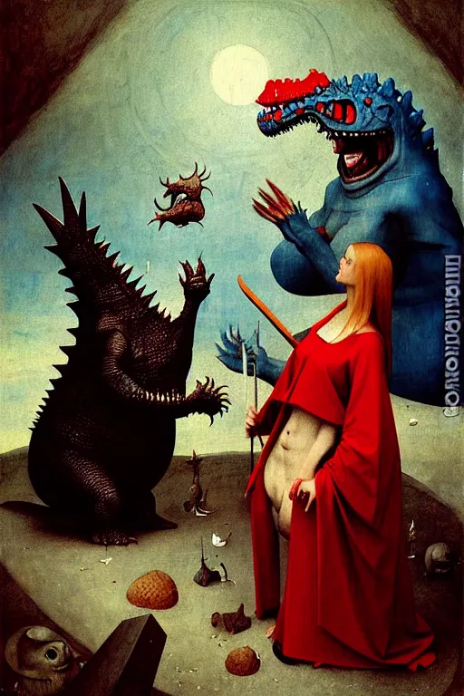 Image similar to hieronymus bosch, greg rutkowski, anna podedworna, painting of a small fat blue godzilla laughing at a red haired vampire in a white woollen turtleneck dress