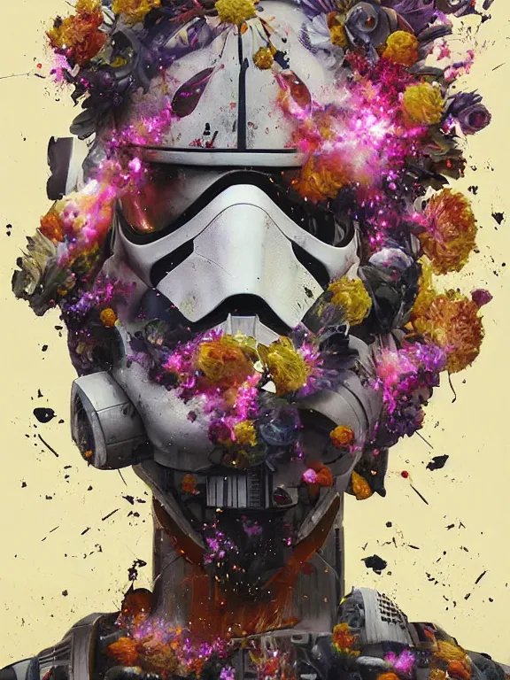 Prompt: art portrait of storm trooper with flowers exploding out of head,8k,by tristan eaton,Stanley Artgermm,Tom Bagshaw,Greg Rutkowski,Carne Griffiths,trending on DeviantArt,face enhance,hyper detailed,minimalist,cybernetic, android, blade runner,full of colour,