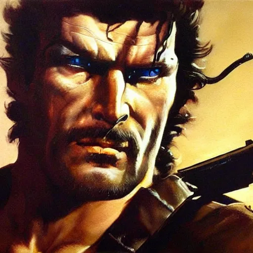 Image similar to ultra realistic portrait painting of solid snake as a western outlaw, art by frank frazetta, 4 k, ultra realistic, highly detailed, epic lighting