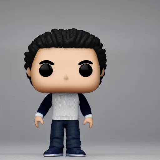 Image similar to a 21 year old skinny white guy with no beard and black hair in a navy blue sweater , jeans and grey shoes funko pop close up highly detailed photo