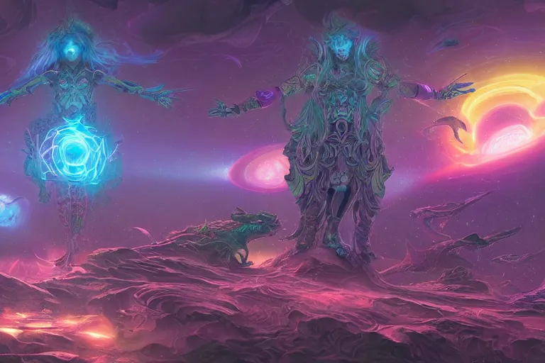 Image similar to a psychedelic realm at the edge of existence where intensely creative astral beings exist, they are summoning an astral vehicle, in the style of WLOP, illustration, epic, fantasy, hyper detailed, smooth, unreal engine, sharp focus, ray tracing