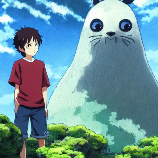 Image similar to friendly guy and small creature , with Fragile looking character portrait face made by Studio Ghibli highly detailed art, beautiful scene, sharp focus, smooth, 8k, anime art, wild, dark, fantasy, peaceful