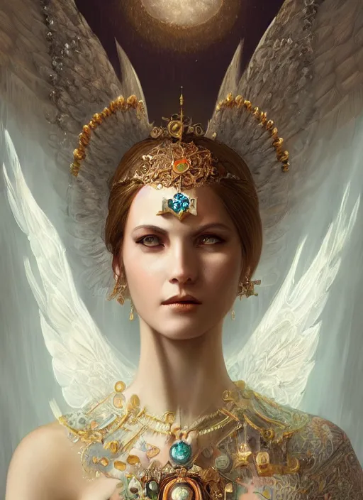 Image similar to A beautiful digital painting of a female Seraphim full of jewels, princess, the moon behind her, intricate, cinematic lighting, highly detailed, digital painting, Artstation, concept art, smooth, sharp focus, illustration, art by Tom Bagshaw, Artgerm and Greg Rutkowski