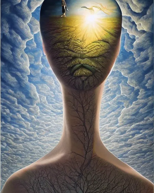 Image similar to gender dysphoria theme surrealist art in the styles of igor morski, jim warren, and rob gonsalves, intricate, hyperrealistic, volumetric lighting