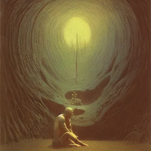 Image similar to a man sits at the edge of a river in the underworld in hades as he waits for the ferryman, charon, greek mythology, beksinski