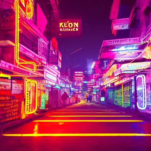 Image similar to neon streets of bangalore, 4 k, award winning photo, cyberpunk style, intricate environment, hyper realistic