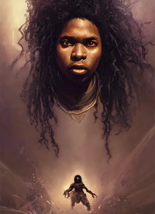 Image similar to fantasy changeling black kid with long curly hair playing electric guitar, half half, dim light, front game card, marvel comics, dark, intricate, highly detailed, smooth, artstation, digital illustration by ruan jia and mandy jurgens and artgerm and wayne barlowe and greg rutkowski and zdislav beksinski