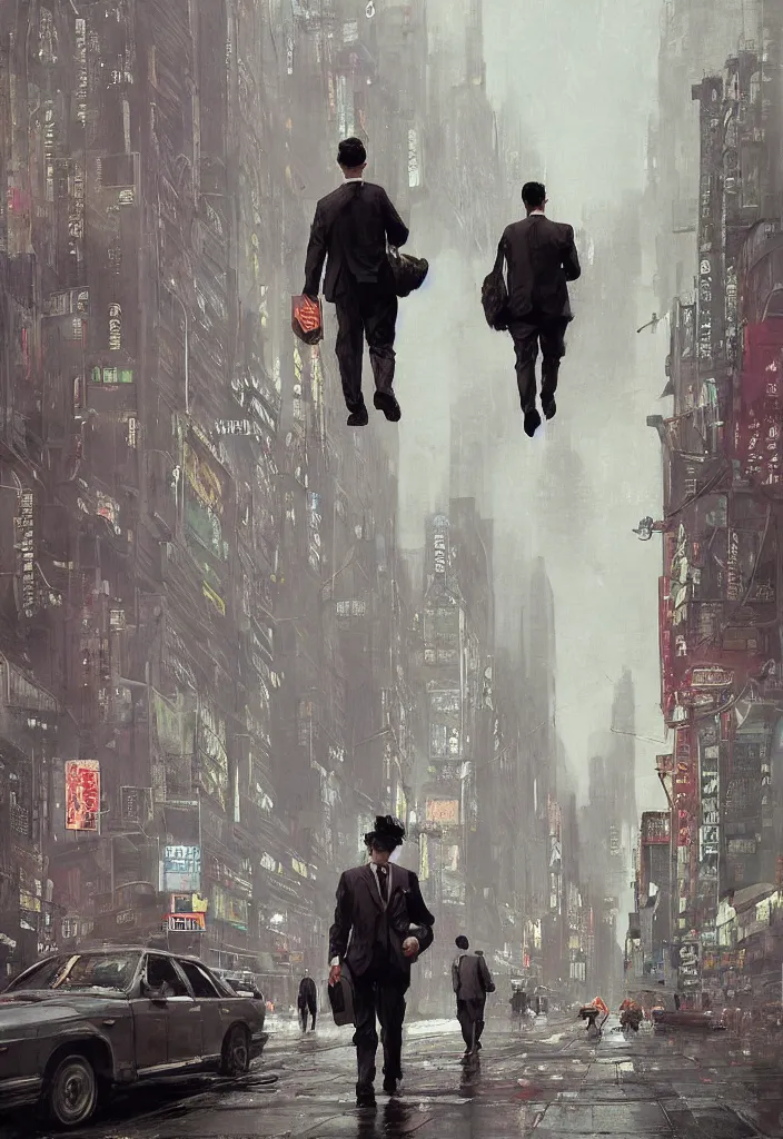 Prompt: a highly detailed epic cinematic concept art CG render digital painting artwork: Hypebeast salaryman walks the streets of solarpunk New York. By Greg Rutkowski, in the style of Francis Bacon and Syd Mead and Norman Rockwell and Edward Hopper, open ceiling, highly detailed, painted by Francis Bacon and Edward Hopper, painted by James Gilleard, surrealism, airbrush, Ilya Kuvshinov, WLOP, Stanley Artgerm, very coherent, triadic color scheme, art by Takato Yamamoto and James Jean