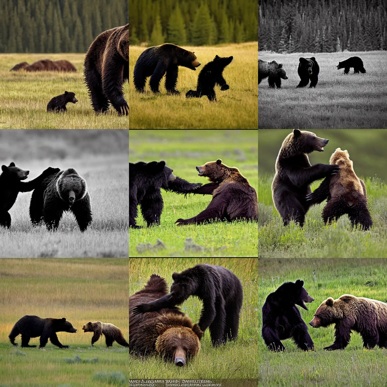 Prompt: large black spider vs grizzly bear in a meadow, wildlife photography