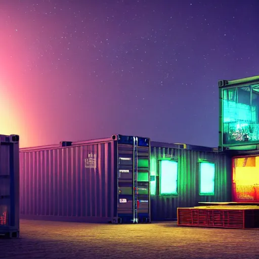 Prompt: a glowing nuclear microreactor inside a shipping container against a backdrop of a Yemen refugee camp, afrofuturism, peaceful, serene, 4k, octane render, blender, intricate