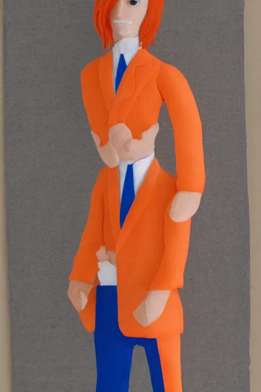 Prompt: a scene depicting a orange haired elegant character wearing a voluminous suit made from linen and transparent plastic, acrylic, super detailed, soft light