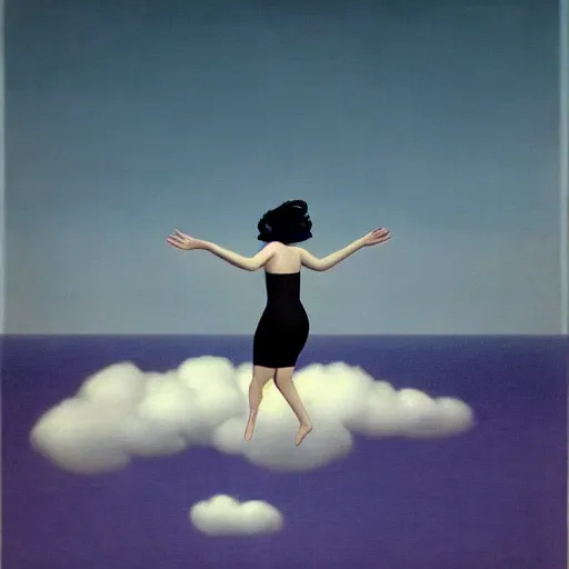 Image similar to very detailed portrait of photorealistic bjork floating above the ocean into a gray skay. painted by rene magritte, 1 9 2 7. oil on canvas.