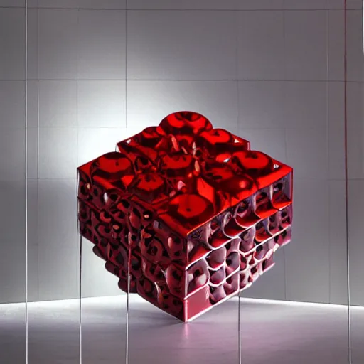 Prompt: chrome spheres on a red cube by jonathan zawada