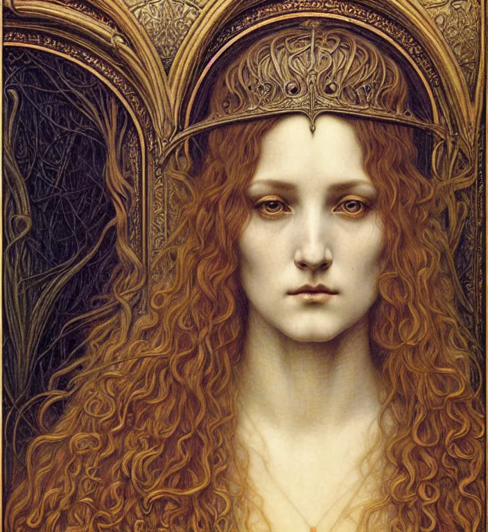 Image similar to detailed realistic beautiful young medieval queen face portrait by jean delville, gustave dore and marco mazzoni, art nouveau, symbolist, visionary, gothic, pre - raphaelite. horizontal symmetry