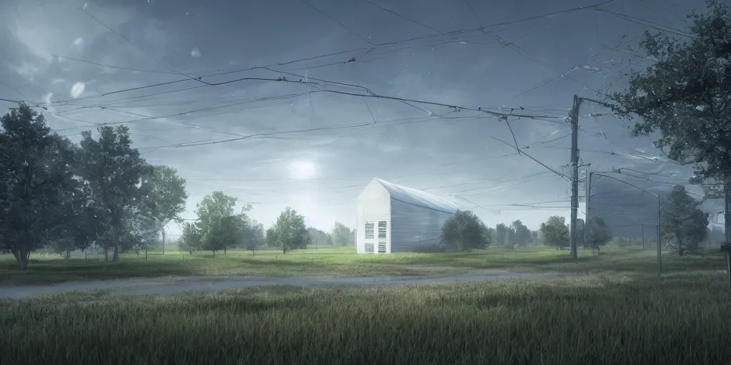 Image similar to large white sci-fi building with power lines running to it, next to farm fields and trees, art station, digital art, art station, volumetric lighting, extremely detailed, trending