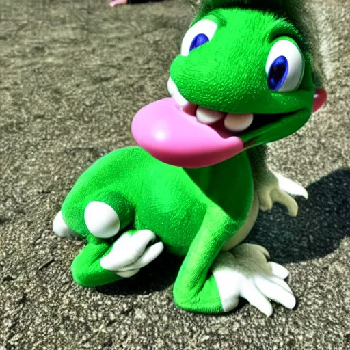 Prompt: a photo of real life yoshi, kodak single use camera photography