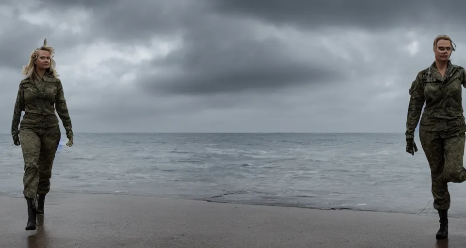 Image similar to cinematic shot of margot robbie in military gear walking out of the ocean, cinematic diffuse lighting, cloudy weather