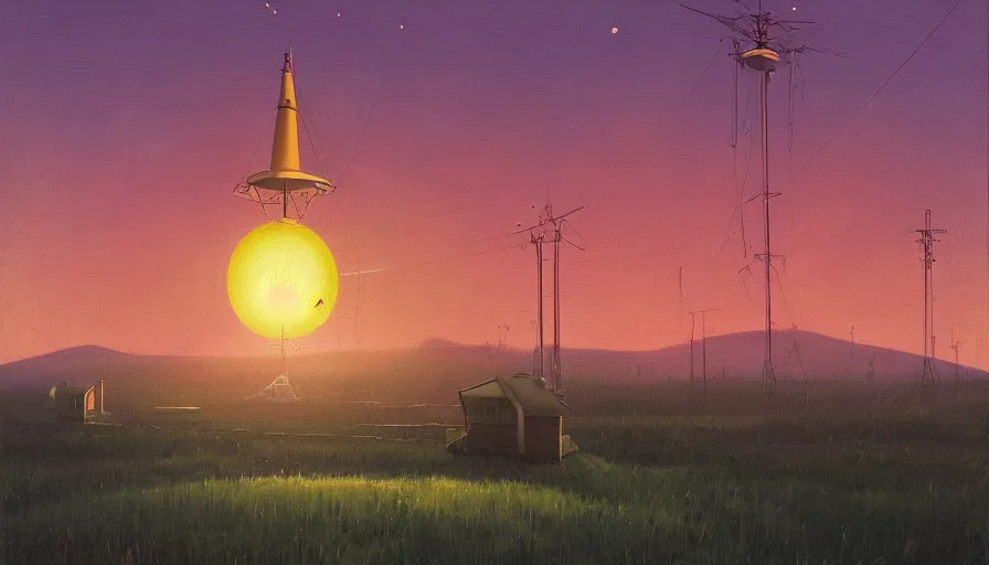 Prompt: space antennas, sun in the sky, early morning, open field, simon stalenhag, art deco painting
