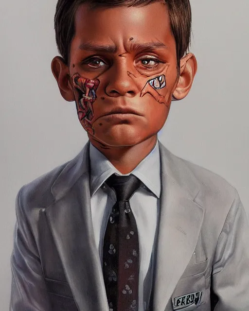 Image similar to portrait of a 7 year old child boss, gritty, serious, wearing a suit and a tie, very detailed eyes, hyperrealistic, beautiful, very detailed painting by Glenn Fabry, by Joao Ruas, by Artgerm