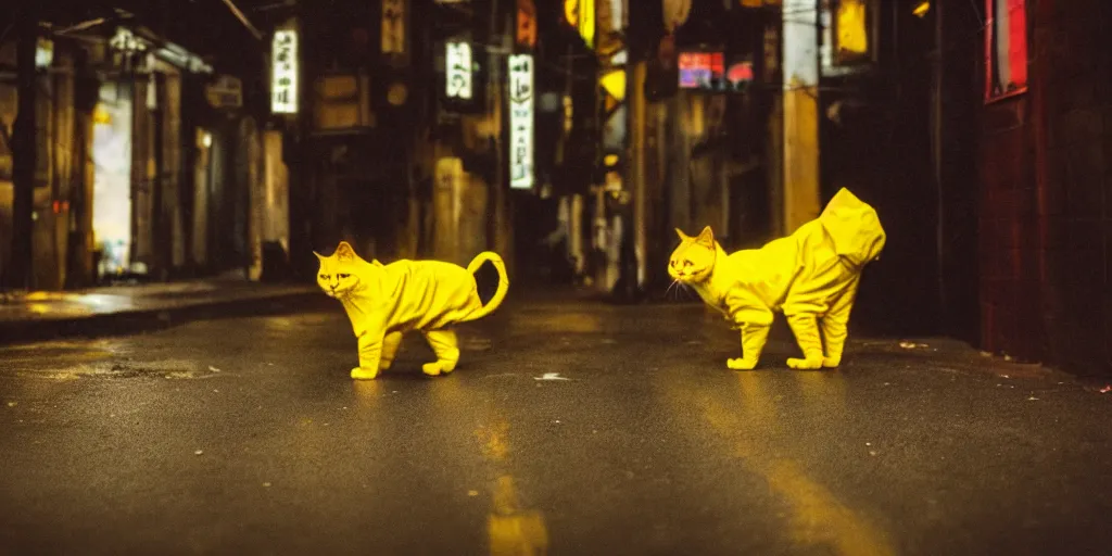 Image similar to a big black cat standing on the back paws and wearing yellow raincoat, cat is standing in the dark corner of a small badly lit street of a cyberpunk city