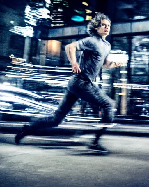 Image similar to photo of evan peters, as quicksilver, racing at hyper speed thru the streets of nyc. ever thing is a blur via long exposure like effect, but he is in sharp focus.