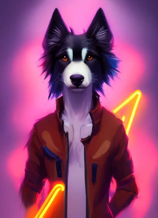 Image similar to wide angle beautiful full body portrait of a cute male anthropomorphic anthro border collie fursona wearing cowboy outfit in a neon metropolis, character design by charlie bowater, henry asencio, and ross tran, furry art, furaffinity, beautiful, glamor pose, detailed, aesthetic, trending on artstation