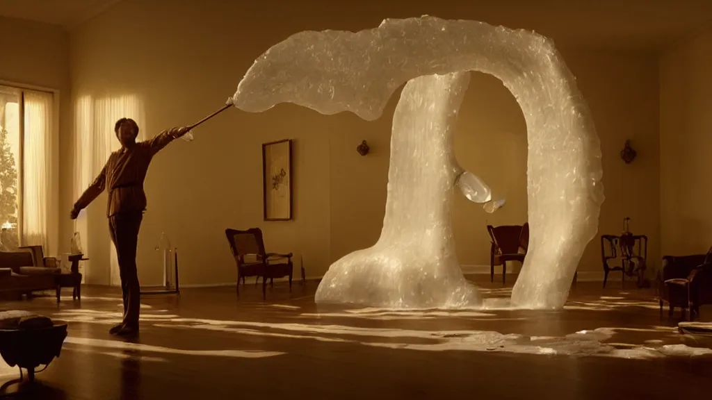 Image similar to a giant hand made of wax and water floats through the living room, film still from the movie directed by Denis Villeneuve with art direction by Salvador Dalí, wide lens