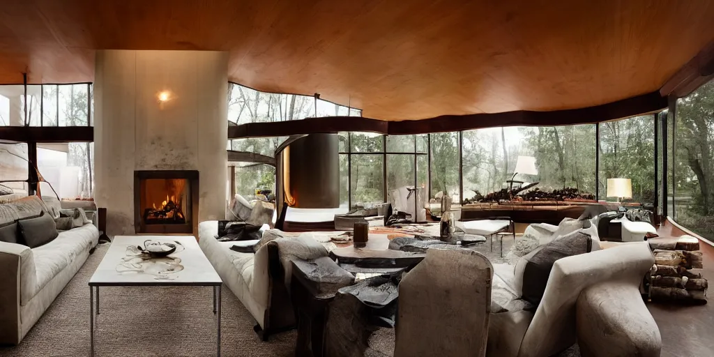 Prompt: an elegant interior photo of a sunken living room with a fireplace, dark wood , sofa, chair, end table, designed by Frank Loyd Wright, a zombie apocolypse can be seen outside