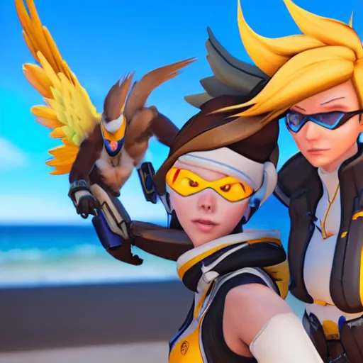 Image similar to tracer and mercy from overwatch relaxing at the beach getting a sun tan, unreal engine 5 4 k