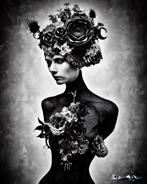 Image similar to a black and white high quality dreamy photo of a young beautiful female queen-pale dragon-vegetal-many big steampunk flowers-cyborg bust with a very long neck, elegant, highly detailed, poetic, soft, dreamy, mysterious, high fashion, in the style of Diane Arbus, Realistic, Refined, Digital Art, Highly Detailed, Cinematic Lighting, rim light, black and white, photo-realistic, 8K