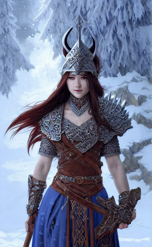 Image similar to azure viking warrior, regal, elegant, winter, snow, beautiful, stunning, hd, illustration, epic, d & d, fantasy, intricate, elegant, highly detailed, wide angle, digital painting, artstation, concept art, smooth, sharp focus, illustration, wallpaper, art by artgerm and greg rutkowski and alphonse mucha and jin xiaodi