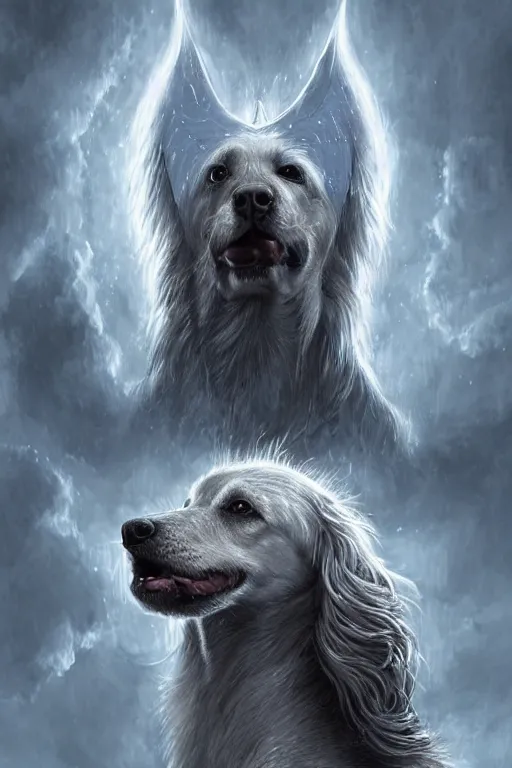 Image similar to Dog as a god with a radiant halo, detailed face, gorgeous, amazing, flowing hair, very muscular male body, partial anatomy, stormy background, caesar victorious, proud Emperor, crepuscular ray, intricate, highly detailed, 8K, digital painting, fantasy, artstation, concept art, sharp focus, over-shoulder shot, illustration, art by greg rutkowski beeple and alphonse mucha, laica chrose