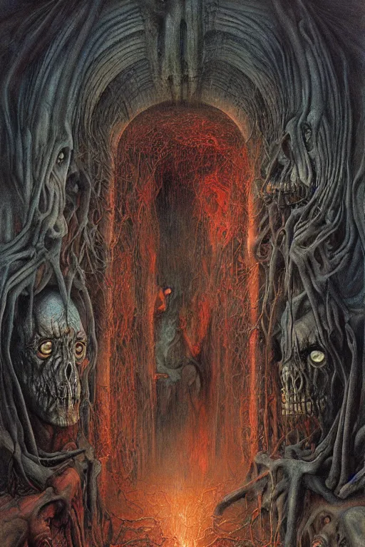 Image similar to hyper realistic painting portrait of the gates of hell by wayne barlowe, beksinski, hr giger, austin osman spare