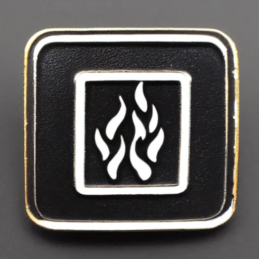 Prompt: a square enamel pin depicting a minimalistic clean fire flames warning label, smooth curves