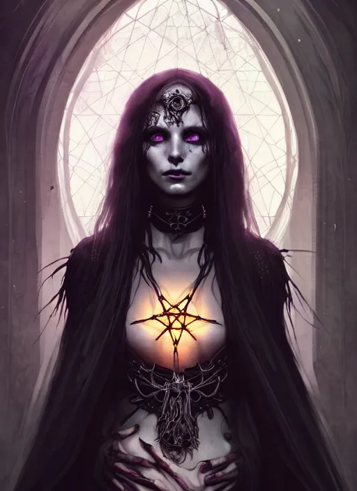 Prompt: Necromancer Sorceress goddess of death, background fantasy pentagram sorceress magic, undercut hairstyle, dark light night, intricate, elegant, sharp focus, illustration, highly detailed, digital painting, concept art, matte, art by WLOP and Artgerm and Greg Rutkowski and Alphonse Mucha, masterpiece