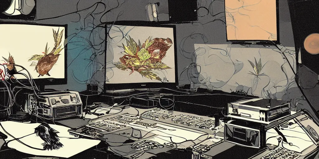 Image similar to 'black chicken'!!! smoking 'cannabis!!!!!!' in front of 'audio console'!!!! and 'multi monitors!!!!!!' in a tv broadcasting studio, artwork by James Gilleard