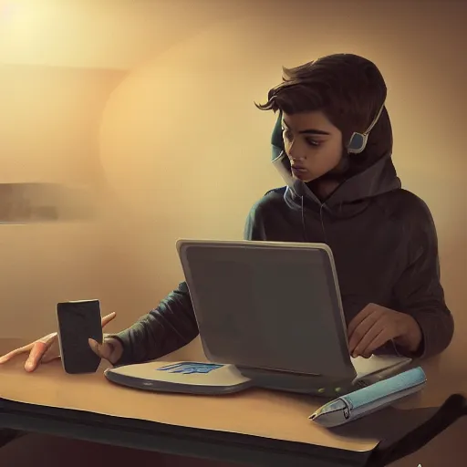 Prompt: realistic teenager using laptop in super tech room, artstation trends, concept art, highly detailed, intricate, sharp focus, digital art, 8 k