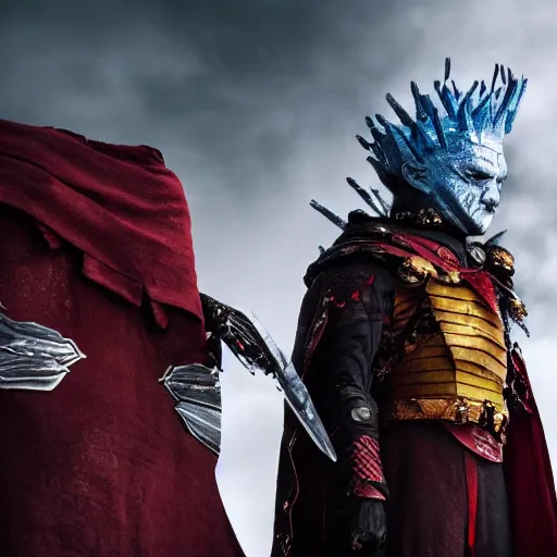 Image similar to justin sun as night king versus huge crimson - black warrior bee, 4 k, epic, cinematic, focus, movie still, fantasy, extreme detail, atmospheric, dark colour, sharp focus