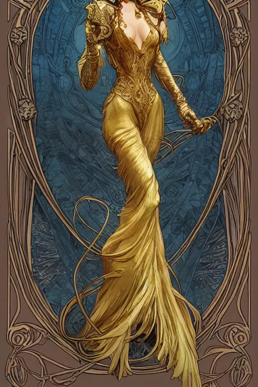 Image similar to full - body artwork, cattie - brie of mithril hall, by artgerm, andreas rocha, greg rutkowski. art nouveau neo - gothic sculpture by mucha. swirly intricate gilded linework background. gaudy colors, sharp edges. ultra clear detailed. 8 k. elegant. octane render