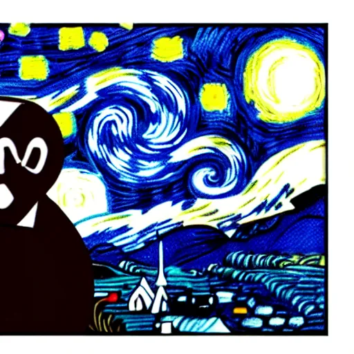 Image similar to in the style of starry night, a tuxedo for a big man with small legs, heart shaped goden mask with white lights for eyes.