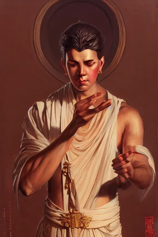 Image similar to male, temple, taoism, painting by greg rutkowski, j. c. leyendecker, artgerm