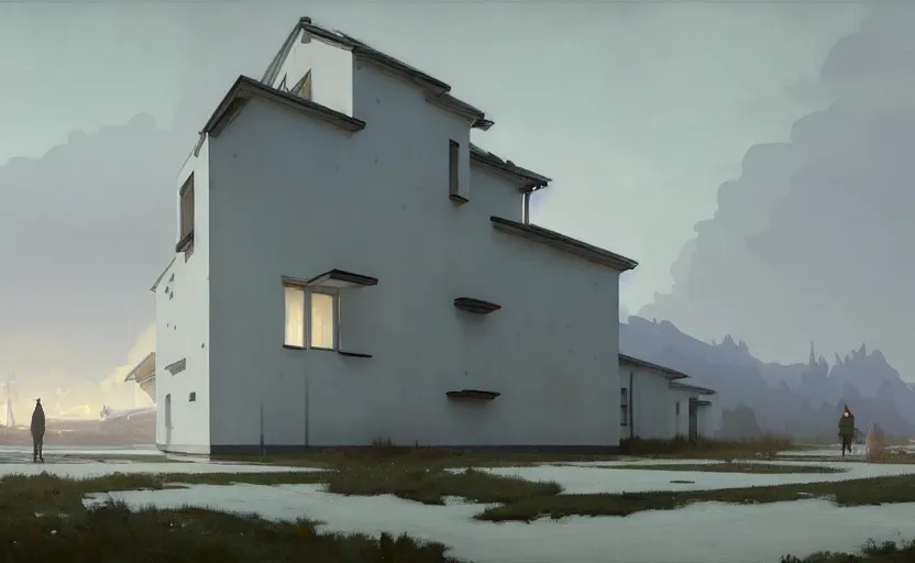 Image similar to painting of a wide angle exterior shot of a white modern architecture with cinematic lighting by peter zumthor, darek zabrocki and greg ruthkowski, alphonse mucha, simon stalenhag and cinematic and blue cold atmospheric, archillect concept art, artstation, trending on artstation