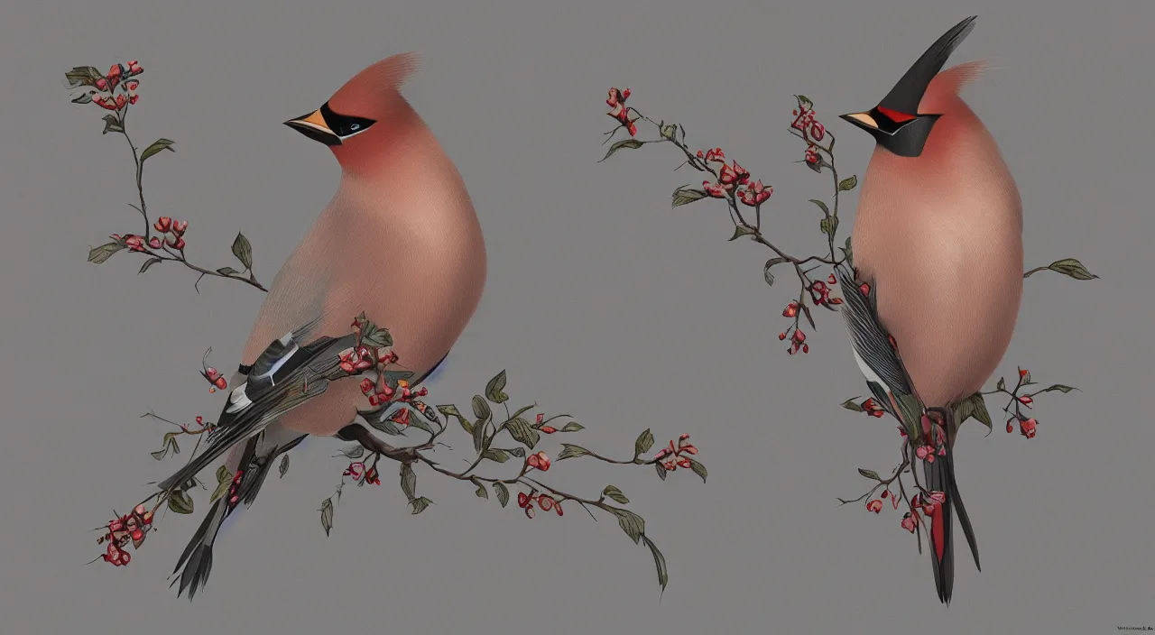 Image similar to ethereal bohemian waxwing bird, bombycilla garrulus, intricate details, ornate, detailed illustration, octane render, johanna rupprecht style, william morris style, trending on artstation