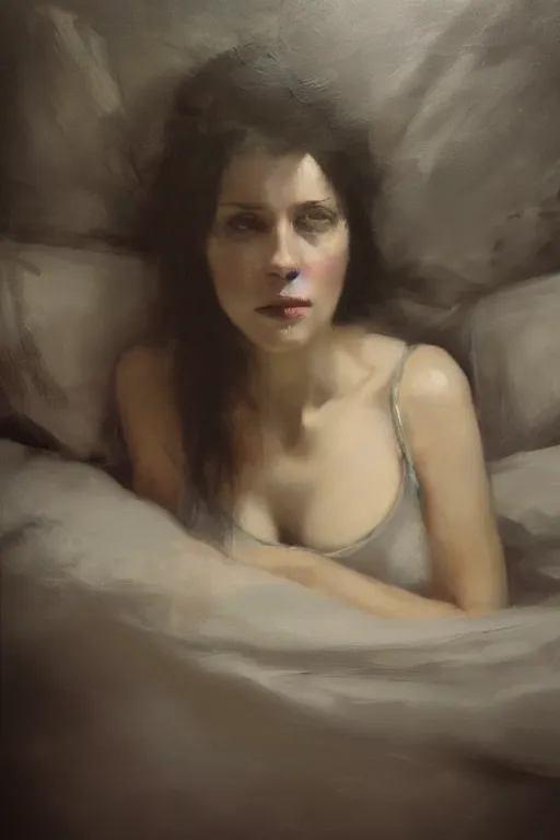 Image similar to detailed cinematic moody colors studio portrait of a lady in bed, high quality by jeremy mann, only one head single portrait