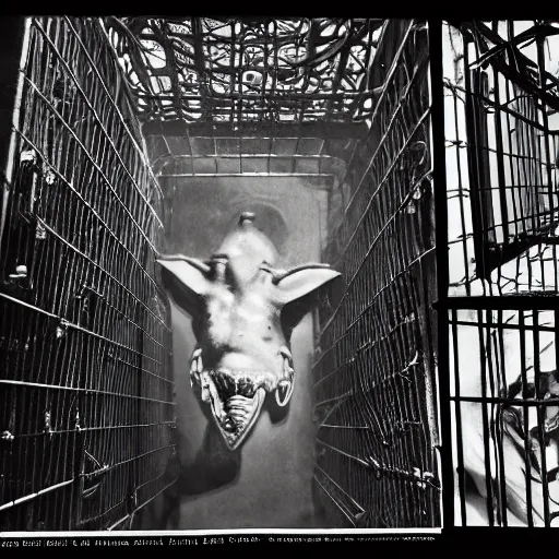 Image similar to creature locked in a cage being studied by scientists in a warehouse, 1 9 2 0's sci - fi, black and white, 8 k, highly ornate intricate details, extreme detail,