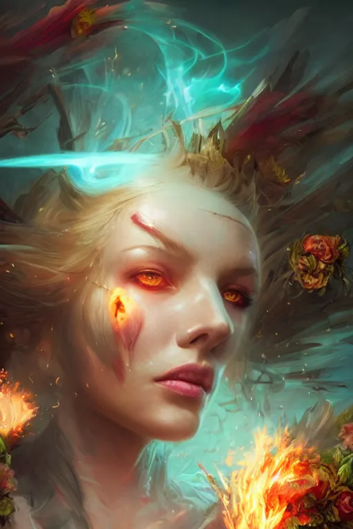 Prompt: half body closeup of beautiful girl necromancer, witch - doctor exploding into flowers, angels, 3 d render, hyper - realistic detailed portrait, holding fire and electricity, ruan jia, wlop. scifi, fantasy, magic the gathering, hyper detailed, octane render, concept art, peter mohrbacher