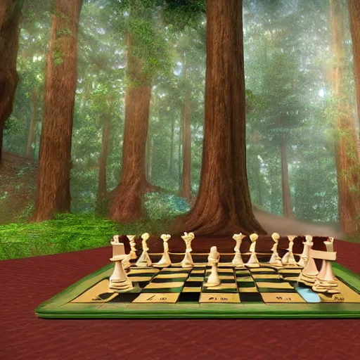 Image similar to videogame still of epic 3D chessboard and chess pieces in the magic kingdom forest of trees style