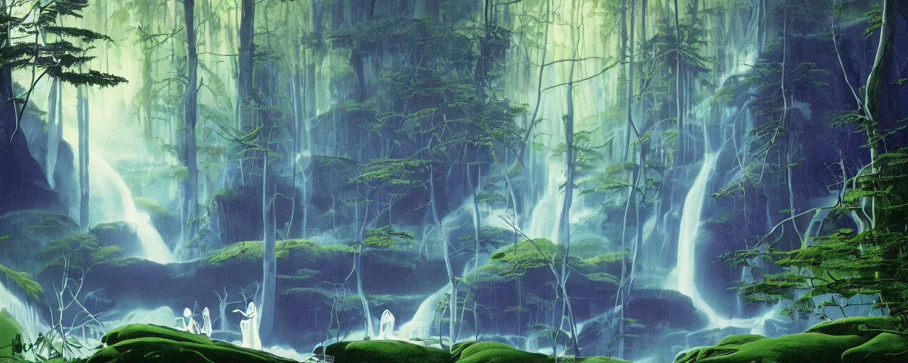 Prompt: deep forest, an old ship in the middle of the forest, rainbow river waterfall, striking composition, huge scale, gentle mists, subtle color variations, highly detailed, a white robed benevolent magician clothed in a royal garment in contemplation meditating upon God, by Eyvind Earle and Mary Blair