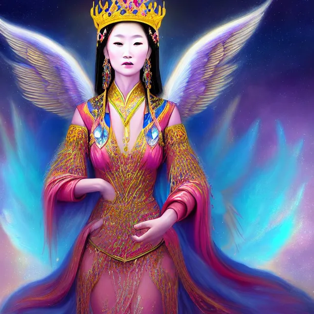 Prompt: beautiful 3 d render of an asian mongolian princess goddess with angelic wings in a sensual pose, princess wearing a crown with gemstones, near lake baikal, atmospheric lighting, painted, intricate, volumetric lighting, beautiful, rich deep colours masterpiece, sharp focus, highly saturated colors, ultra detailed, in the style of dan mumford and marc simonetti, astrophotography