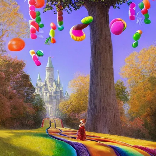 Prompt: portrait of a victorian woman, running up a hill of exotic candies in candyland, giant multicolored lollipops, giant suckers, giant gumdrops, exotic candies, from behind, Castle in distance, birds in the sky, sunlight and rays of light shining through trees, beautiful, solarpunk!!!, highly detailed, digital painting by Michael Garmash and Peter Mohrbacher